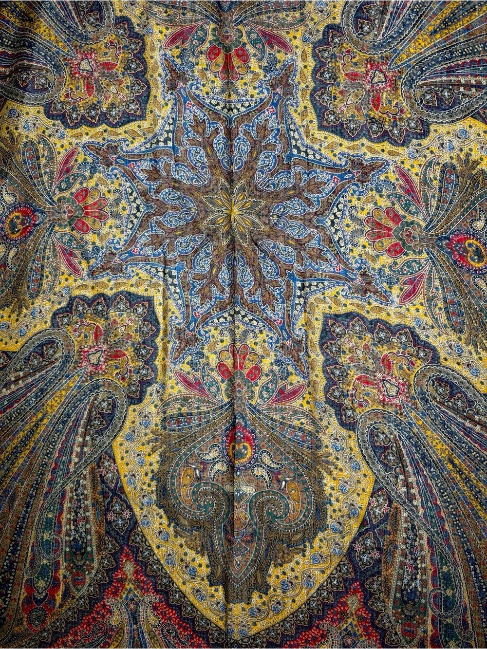 Vintage Large Wool (?) Paisley Shawl Scarf 54” Square Hand Rolled Multicolor